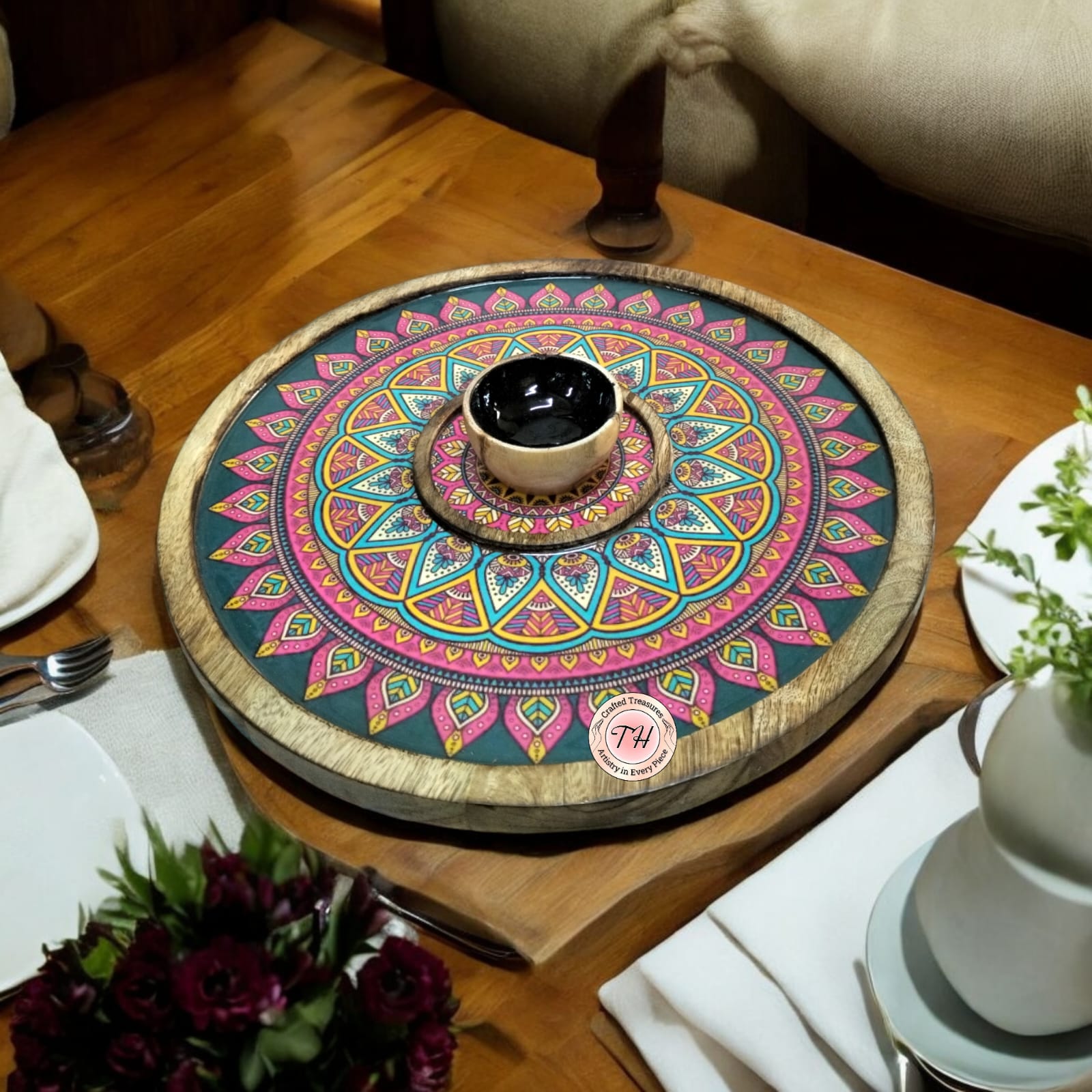 Beautiful Mango mandala wood platter with chutney/ sauce bowl for snacks/ serving/ gift item